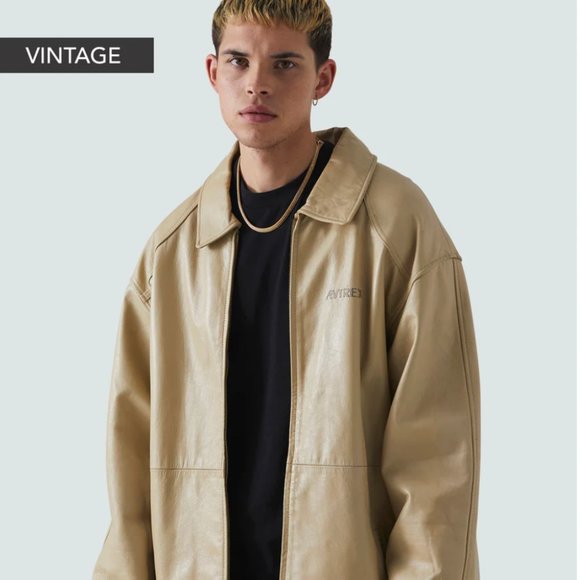 Vintage 5 XL AVIREX Cream Tan Full Leather Jacket Tanned by Hand with 3D Logo